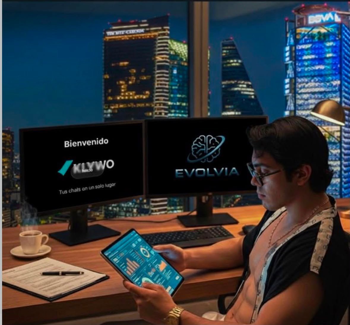 Ra trabajando desde su escritorio con el logo de Evolvia en pantalla